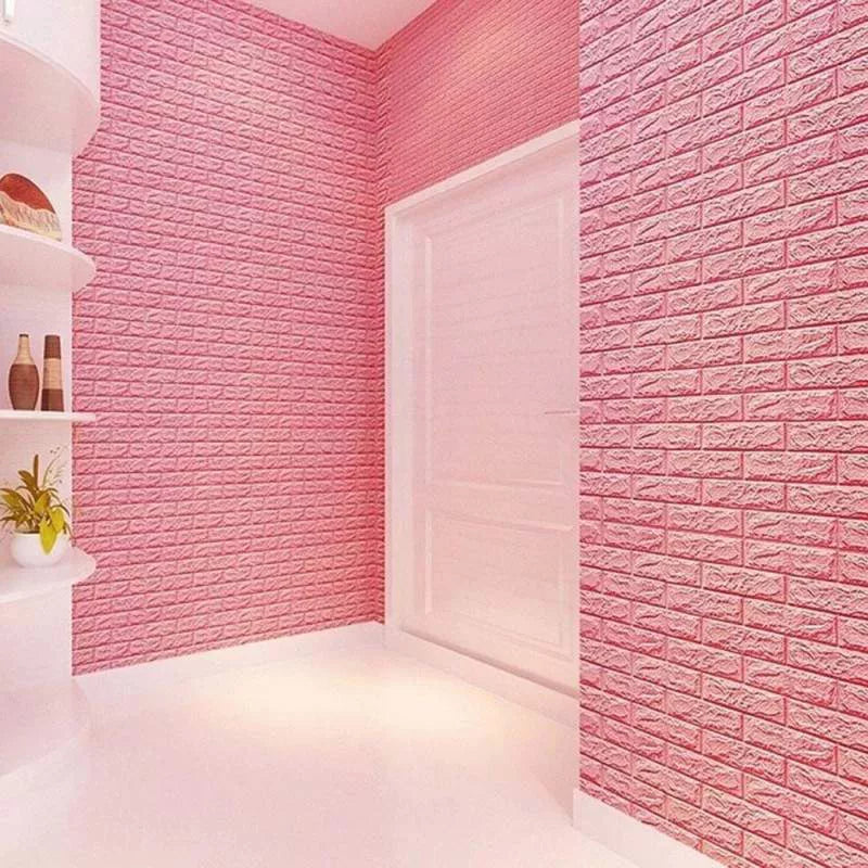 Tapet 3D caramida roz fucsia auto-adeziv pentru interior, 70 x 77 cm