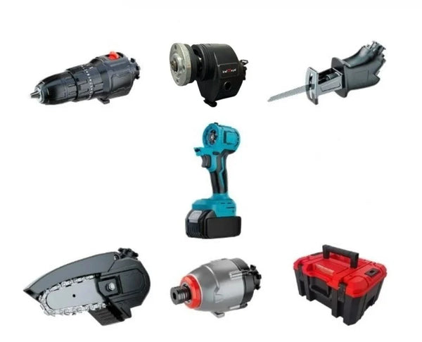 Trusa scule 5 in 1 cu 1 acumulator 21V, bormasina, cheie impact, minidrujba, fierastrau sabie