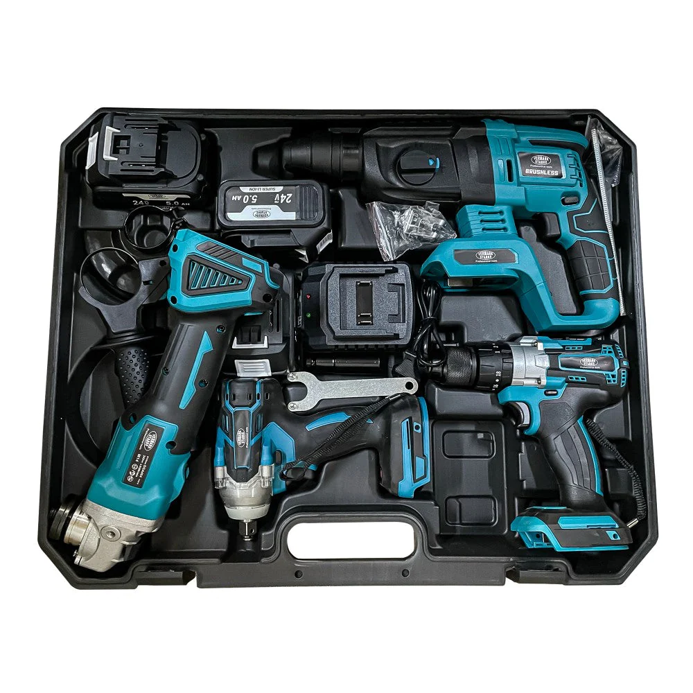 RESIGILAT - Trusa 4 piese cu acumulator, autofiletanta, rotopercutor, polizor unghiular, bormasina impact, 20V, 4Ah