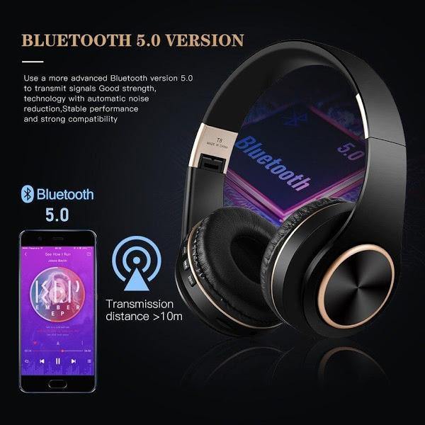 RESIGILAT - Casti Bluetooth Model T8 Over-Ear Stereo cu Microfon Wireless, Suport Card, Bass