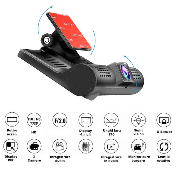 RESIGILAT - Camera auto tripla Blackbox L300-1, Full-HD, 3 camere-fata/spate/interior, ecran 4&#39;&#39;, G Senzor