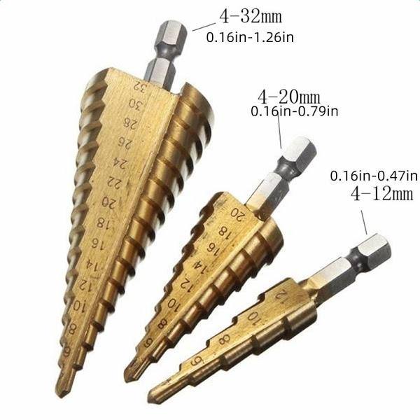 Set 3 x Burghiu conic metal in trepte, spiral conic 4-32 mm - Tenq.ro