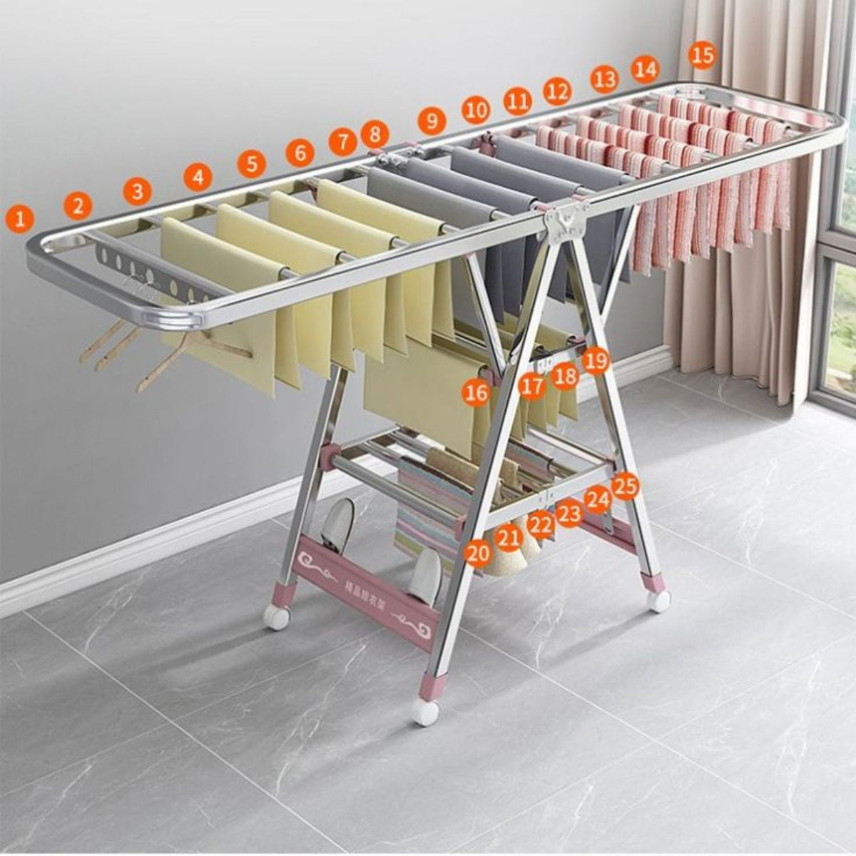 Suport pliabil metalic pentru uscat rufe 150x90x46 cm – organizator multifunctional, dublu nivel, economisitor de spatiu