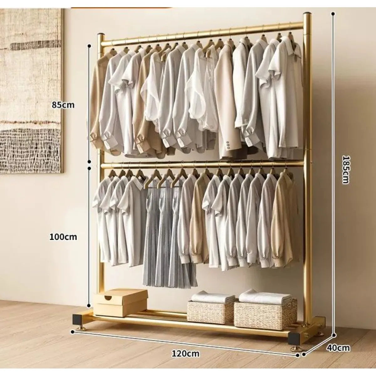Suport haine metalic 2 niveluri tub gros auriu 120x40x185 cm