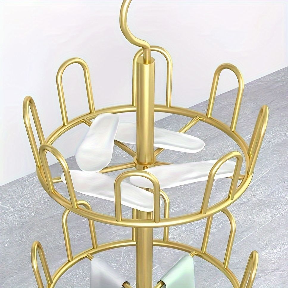 Organizator Rotativ Pantofi cu Sistem de Agatare 12 Perechi, Suport Vertical 360 Metal Cromat Auriu, 28 x 101 cm