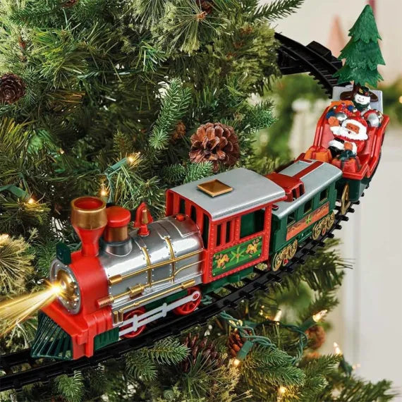 Set Tren Electric de Craciun  pentru Brad, Lumini si Sunete, 22 Piese, Locomotiva, Vagon Carbune, Sanie Mos Craciun si Sine