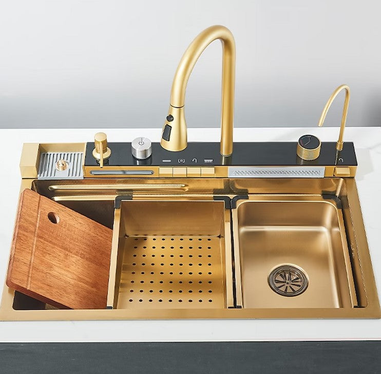 RESIGILAT - Chiuveta multifunctionala cu 2 cascade cu accesorii incluse, afisaj digital a temperaturii si robinet cascada, culoare Gold, 800x450mm
