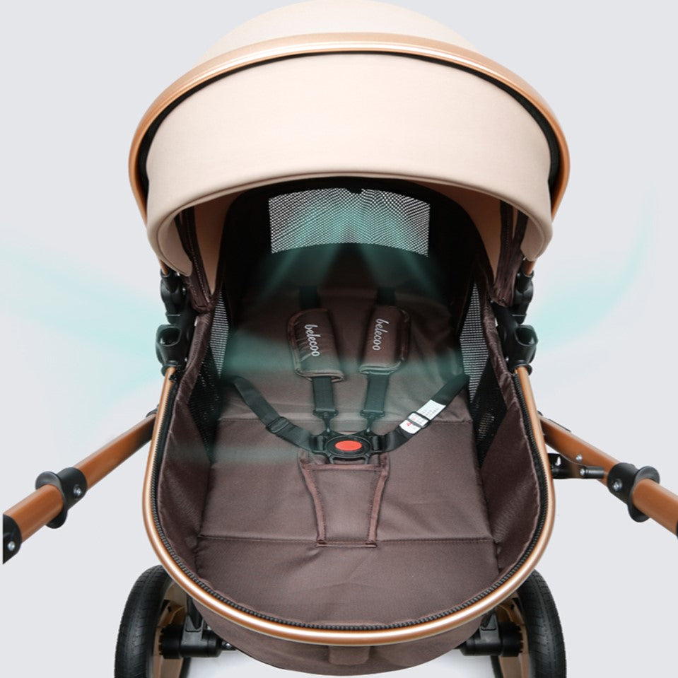 Carucior Bebelusi 2 in 1 Premium, Pliabil, cu Roti Cauciuc si Suspensii, Transformabil Landou-Sport, Cos Depozitare, 0-36 Luni