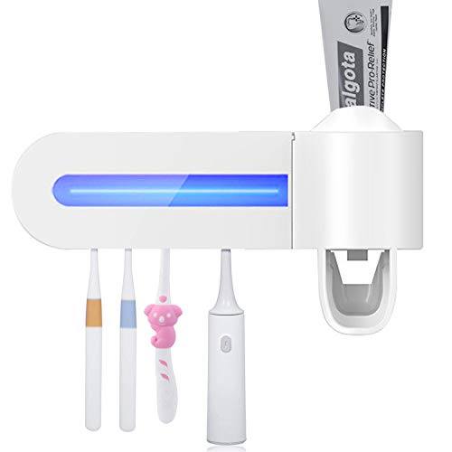 Suport pentru periute de dinti 3 in 1, sterilizator antibacterian cu lumina ultraviolete, suport 4 periute si dispenser pasta de dinti