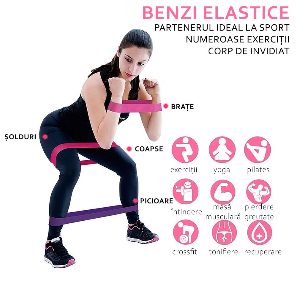 Set antrenament 5 benzi elastice fitness, yoga, pilates, aerobic, exercitii fizice