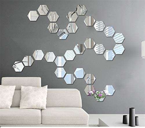 Set 12 oglinzi acrilice autoadezive decorative forma hexagon, diametru 7, 13, 20 si 23 cm