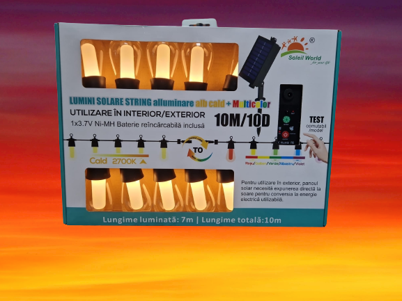 Ghirlanda solara cu 10 becuri, + multicolor, 10 metri, IP65, telecomanda