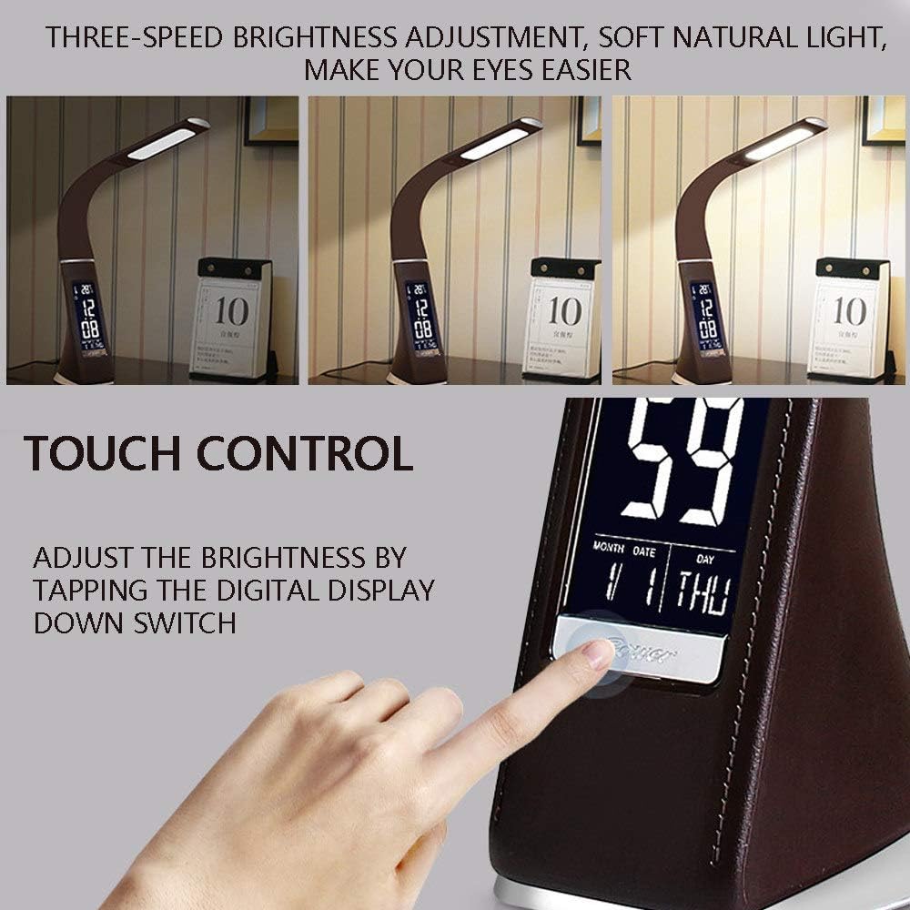 Lampa de birou cu LED, portabila, control touch cu ceas, temperatura, data, 5V,  maro