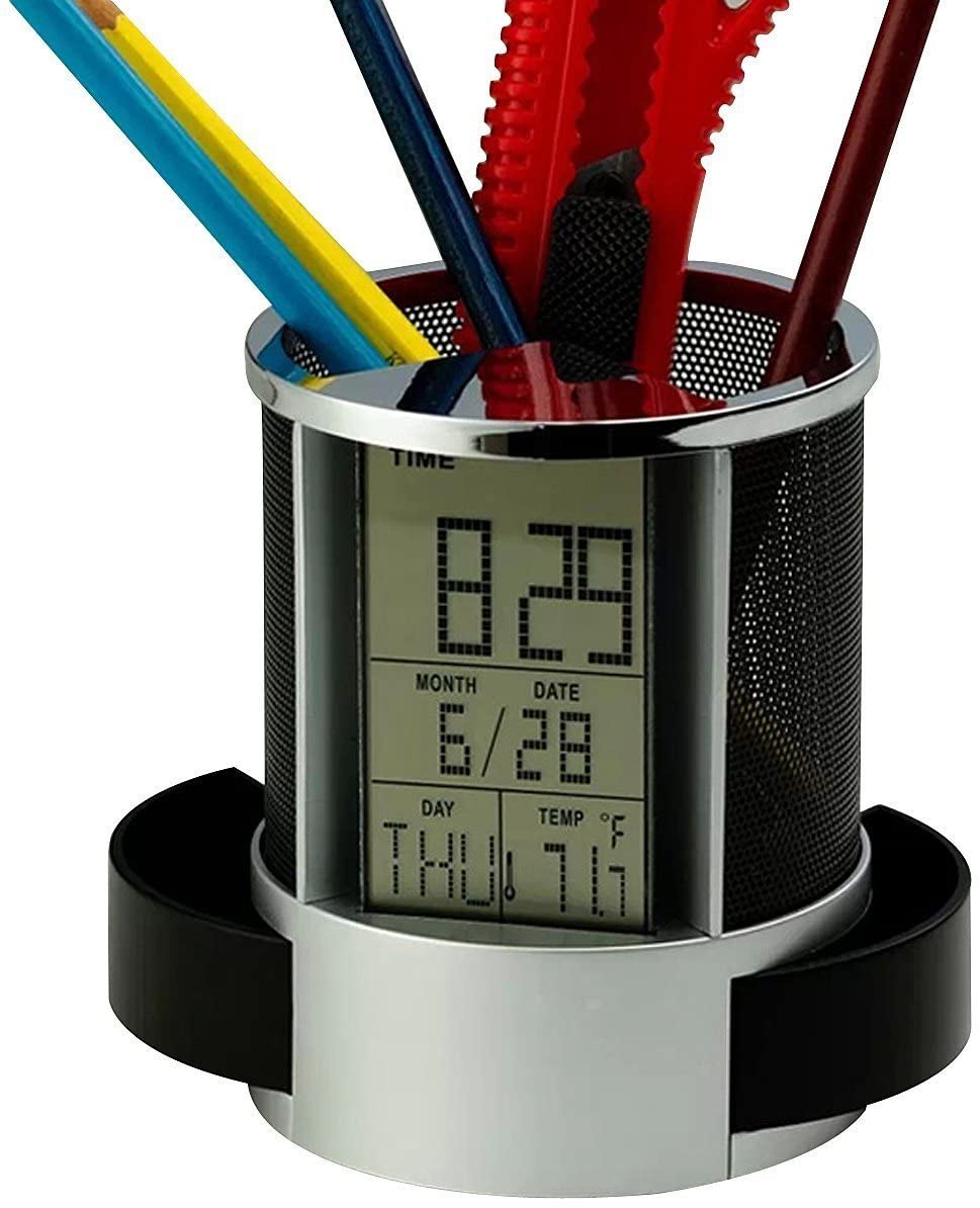Suport multifunctional cu display digital LED pentru creioane, pixuri, functie de alarma si calendar