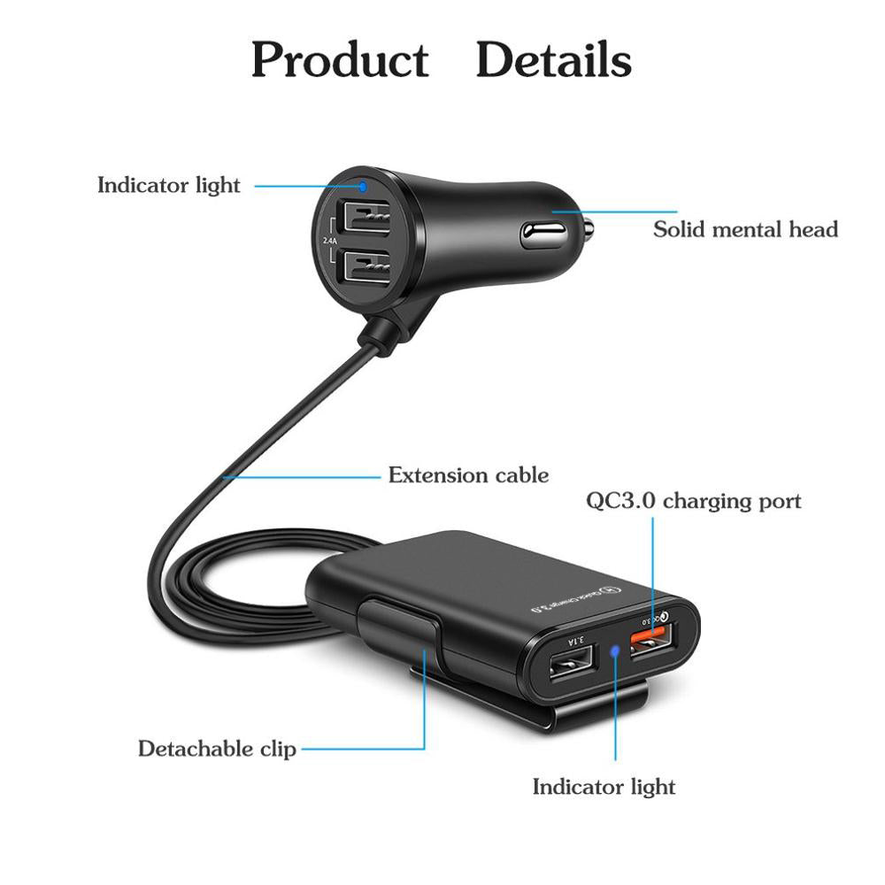 Incarcator auto Dual USB, 2x2.4A, 1X3.1A, 1x Quick Charge 3.0, 1.7m, Black
