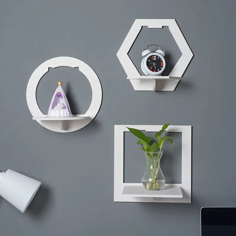 Set 3 rafturi decorative in forma de hexagon, patrat sau rotund, alb