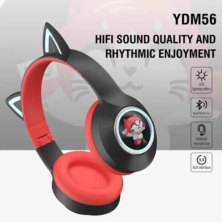 Casti wireless YDM56 model urechi de pisica cu eroi din desene animate, conectare Bluetooth
