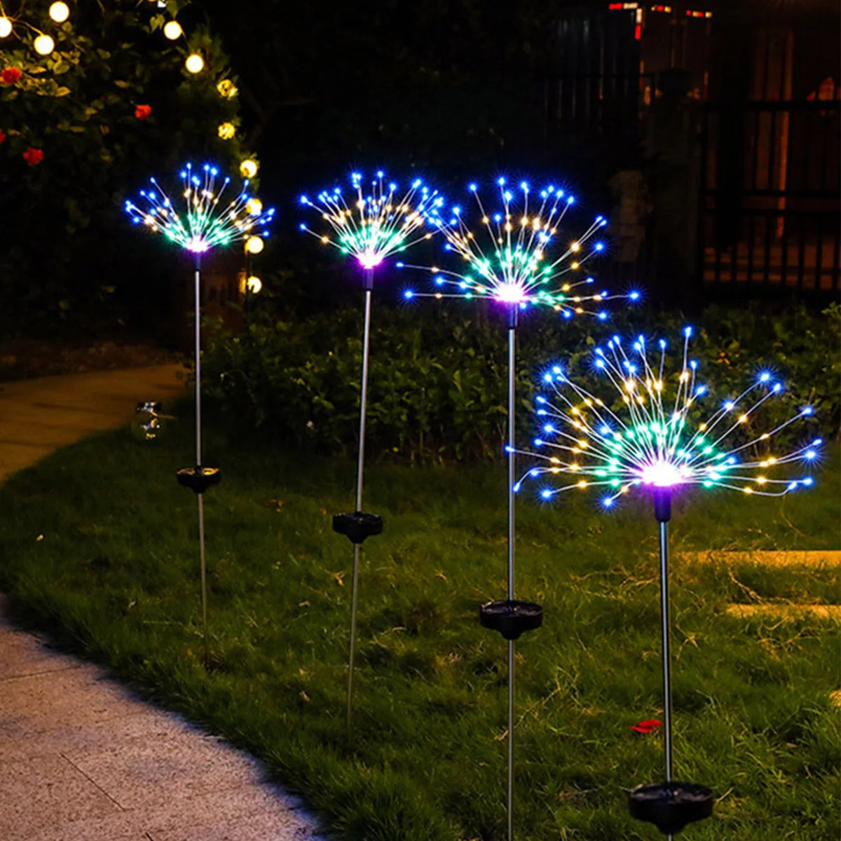 Set 2 Lampi solare artificii cu suport metalic, 100 LED