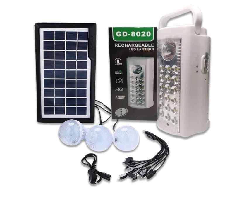 Kit Solar GD-8020 cu lanterna LED, 3 becuri incluse, acumulator, incarcare solara