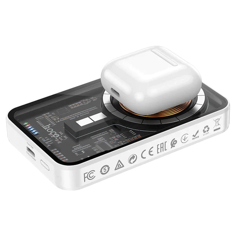 Baterie externa, compatibila MagSafe, Magnetica, Wireless, 5000mAh, suport pliabil, transparenta,