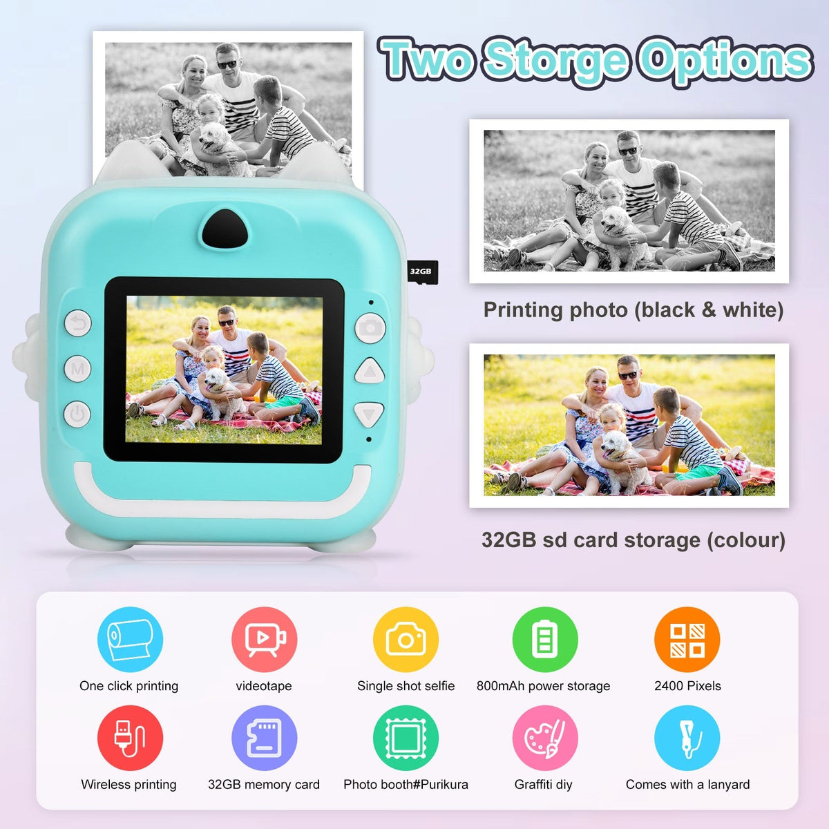 Aparat foto digital cu imprimare termica pentru copii, focalizare automata, display color de 2,4 inch 1080P Full HD